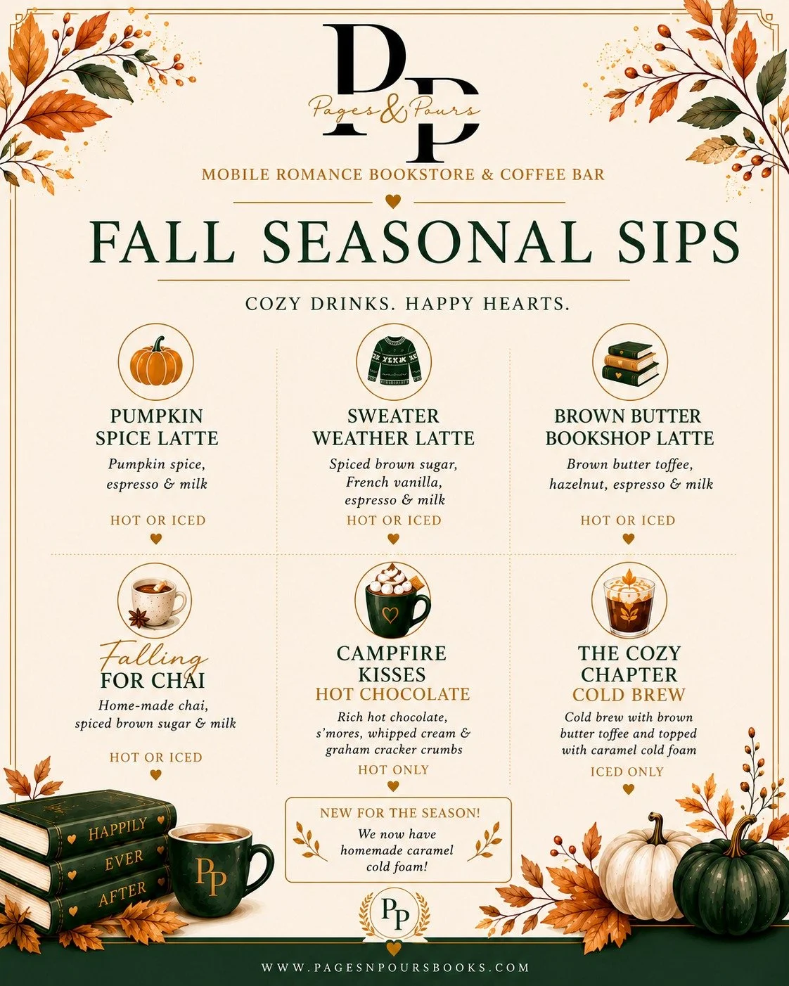 🍂 IT&rsquo;S OFFICIALLY FALL AT PAGES &amp; POURS! 🍂

Okay, okay&hellip; we know fall technically isn&rsquo;t here yet, but September 1st feels close enough. 🤎📚☕

Our Fall Seasonal Sips have arrived, and this menu is all about cozy flavors, crisp