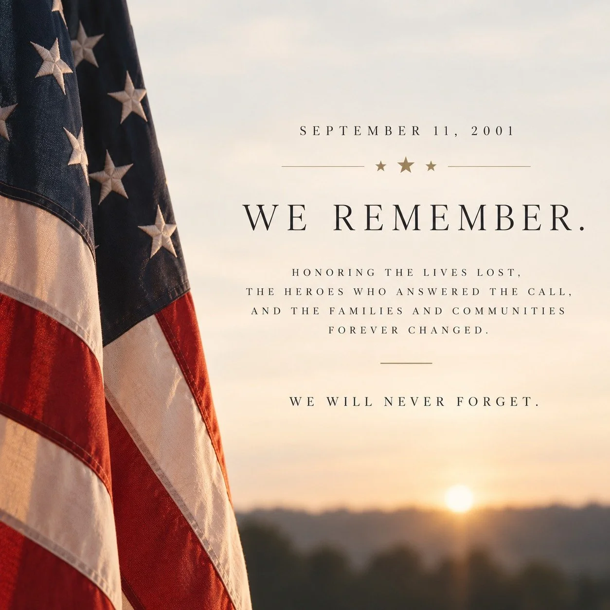 Today, we remember. 🇺🇸

We honor the lives lost on September 11, 2001, the heroes who answered the call, and the families and communities forever changed.

May we always remember the courage, compassion, and unity shown in the days that followed. ❤