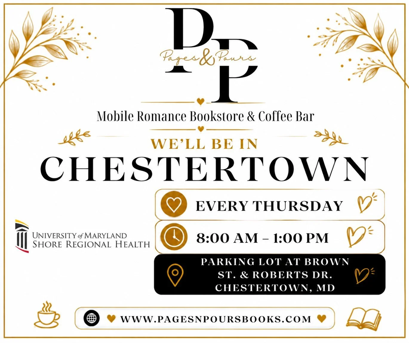 🍂☕ Chestertown, we have some exciting news! 📚🤎

You&rsquo;ve been showing Pages &amp; Pours so much love that we&rsquo;re officially moving to EVERY THURSDAY at University of Maryland Shore Regional Health!

Find us every Thursday from 8:00 AM&nda