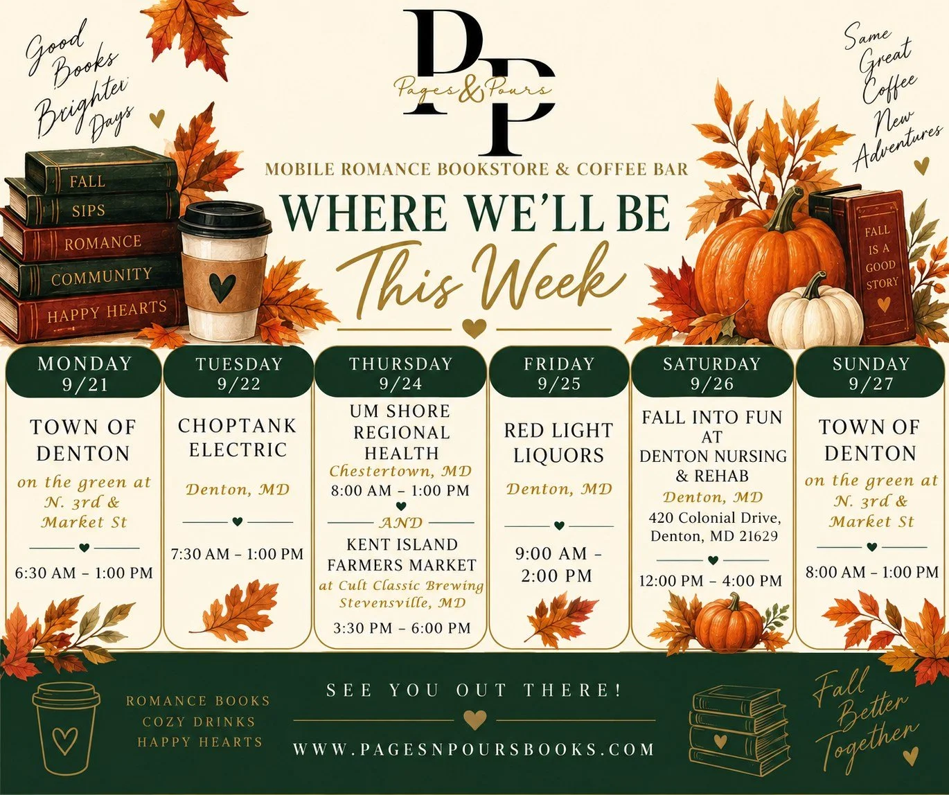 🍂 A full week of books, coffee &amp; fall fun! ☕📚

We&rsquo;ve got SIX stops this week, including Choptank Electric on Tuesday, a double stop on Thursday, and Fall Into Fun at Denton Nursing &amp; Rehab on Saturday! 🎃🤎

Check the schedule, find t