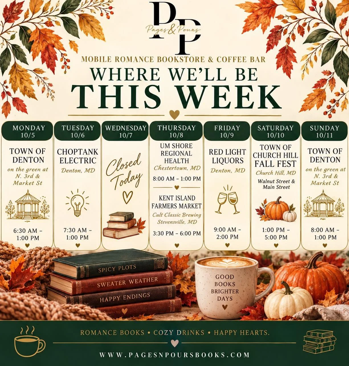 🍂 Here&rsquo;s where we&rsquo;ll be this week! ☕️📚

We&rsquo;ve got a full week of cozy drinks, romance reads, and fall fun ahead &mdash; including Church Hill Fall Fest on Saturday! 🎃🍁

Come find Pages &amp; Pours at a stop near you! 🤎

#PagesA
