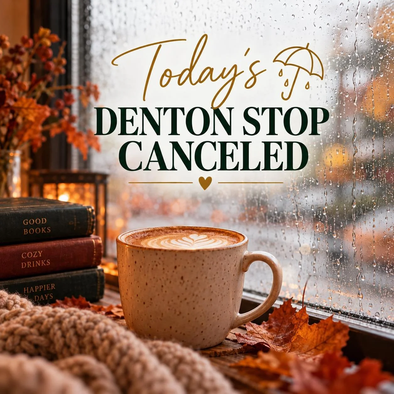 🌧️☕ Rain, rain, go away!

With heavy rain in the forecast, we&rsquo;ve decided to cancel today&rsquo;s stop in Denton.

But don&rsquo;t worry, book lovers! We&rsquo;ll be back tomorrow (Monday) at the Town of Denton on the Green at N. 3rd &amp; Mark
