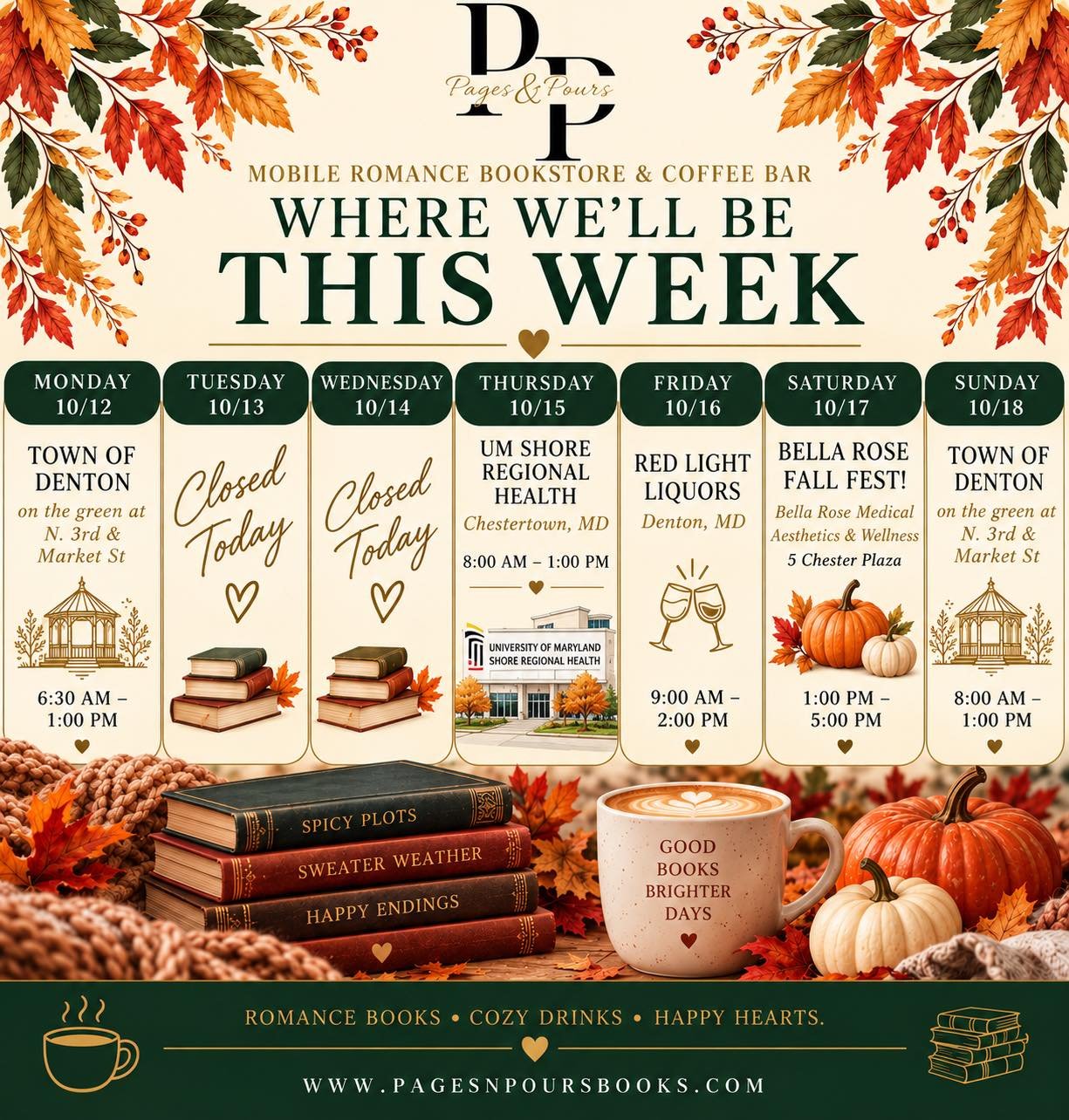 🍂 Another week of cozy drinks, romance reads, and fall fun! ☕📚

Find us at one of our stops this week, including Bella Rose Medical Aesthetics &amp; Wellness Fall Fest on Saturday! 🎃🤎

We can&rsquo;t wait to see you!

#PagesAndPours #CoffeeAndBoo