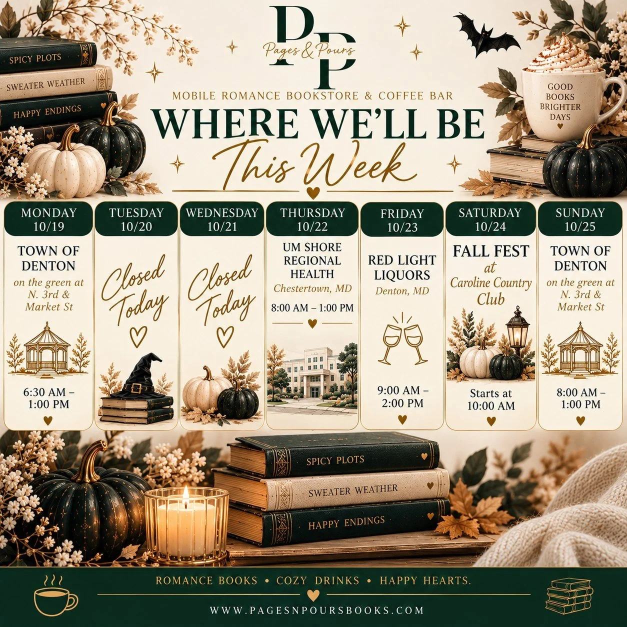 🍂 A little spooky, a little cozy, and a whole lot of books &amp; coffee! 🎃☕📚

Here&rsquo;s where you can find us this week! We&rsquo;re looking forward to wrapping up the week at Caroline Country Club's Fall Fest on Saturday! 🖤

Come grab your fa
