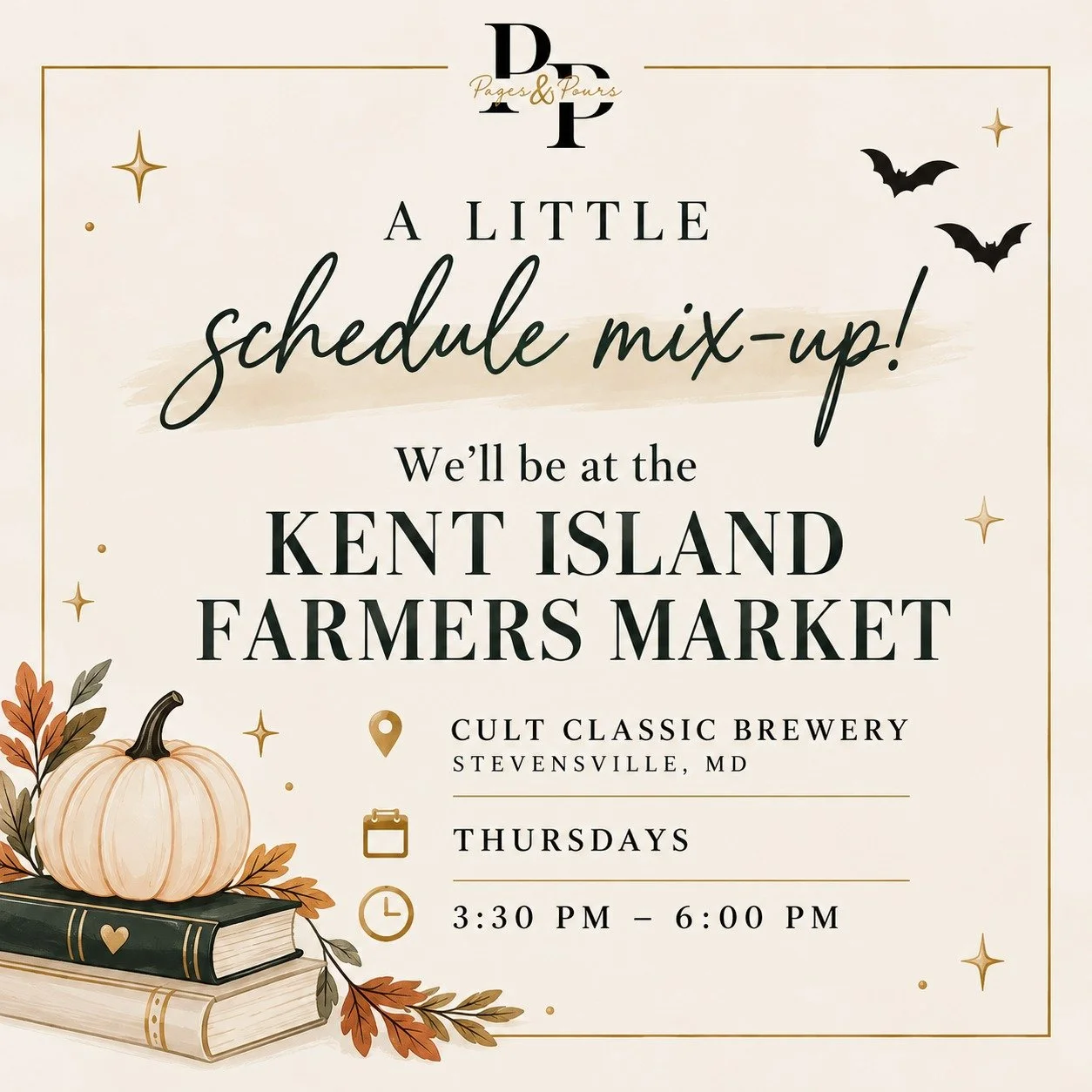 📚☕ A little schedule mix-up!

Looks like we left a familiar stop off this week's schedule! 🤎

We're happy to share that we WILL be at the Kent Island Farmers' Market  tomorrow! 🍂

📍 Cult Classic Brewery &mdash; Stevensville, MD
📅 Thursday, Octob