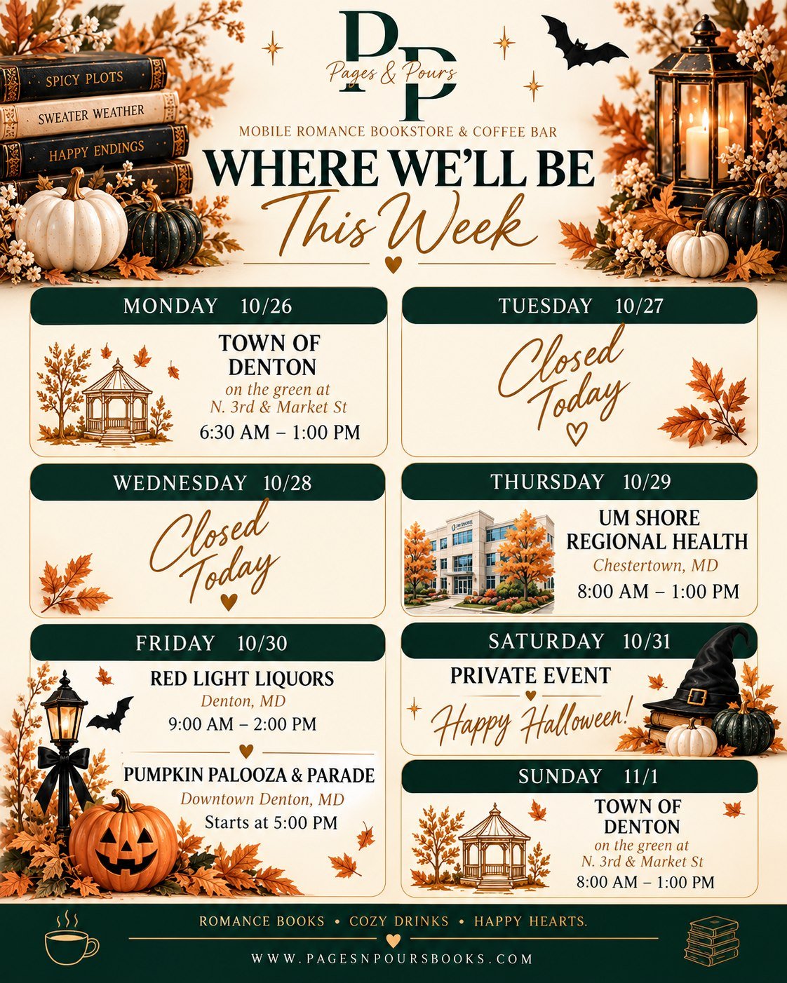 🎃☕ A little spooky, a little cozy, and a whole lot of books &amp; coffee! 📚🖤

Here&rsquo;s where you can find Pages &amp; Pours this week!

We&rsquo;ve got a fun Friday planned with Pumpkin Palooza &amp; Parade in @dentonmainstreet, followed by a 