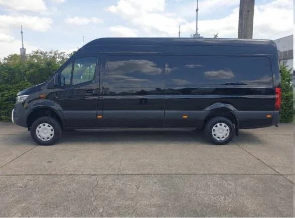 Black passenger van parked on a concrete surface with greenery and a cloudy sky in background.