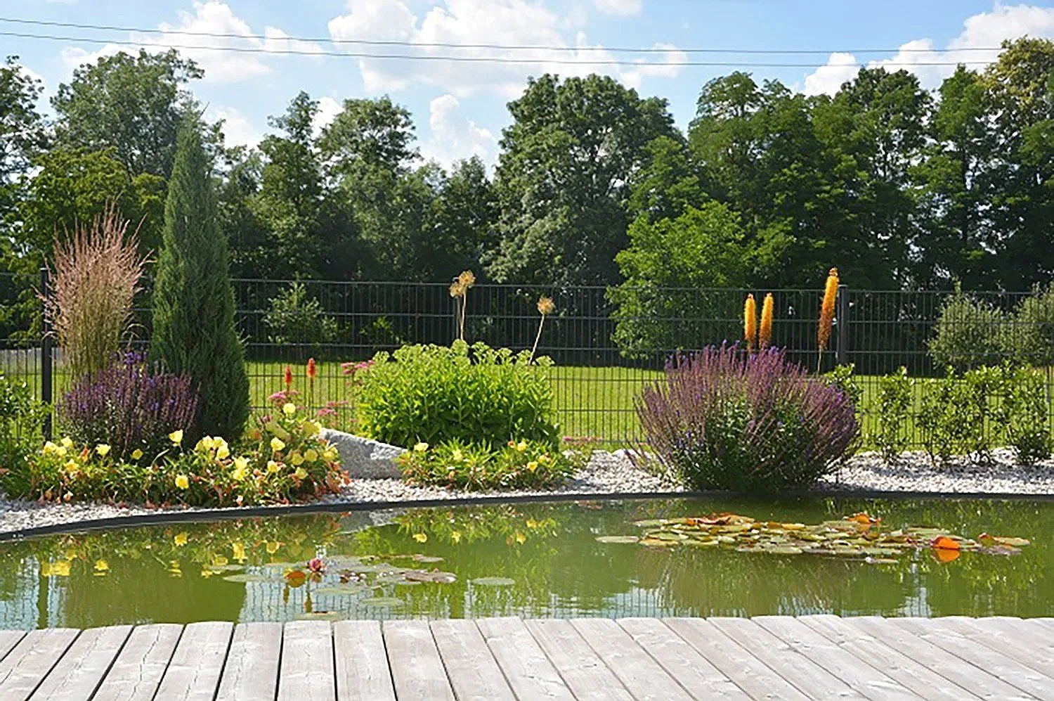 Garten mit Wasserbecken, verschiedenen bunten Blumen, einem grünen Rasen und Bäumen im Hintergrund, unter einem blauen Himmel mit Wolken.