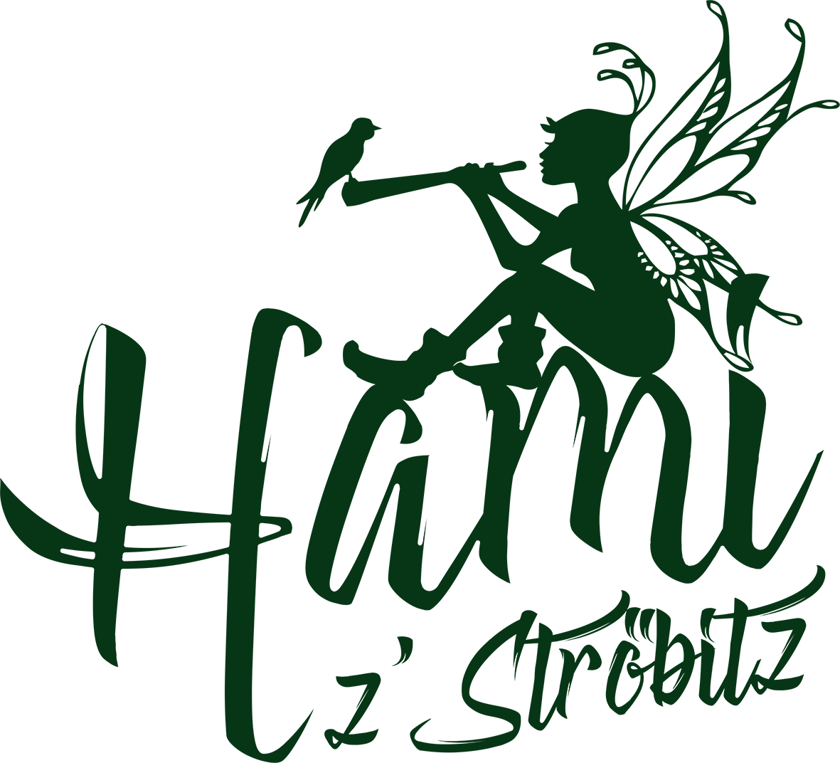 Ein grünes Logo mit einer elfischen Gestalt, die Flügel hat, und einem sprechenden Vogel auf einem Ast, zusammen mit stilisierter Schrift, die 'Lahau’s Stubitz' liest.