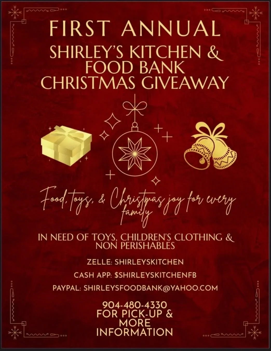Make your donation today. Call 904-480-4330 for donation pickup. Accepting new/gently used toys &amp; kids clothing. 

Shirleys Kitchen...feeding bellies nourishing souls. Help us to put the Merry in Christmas for the kids in Harold House Apts on 12/