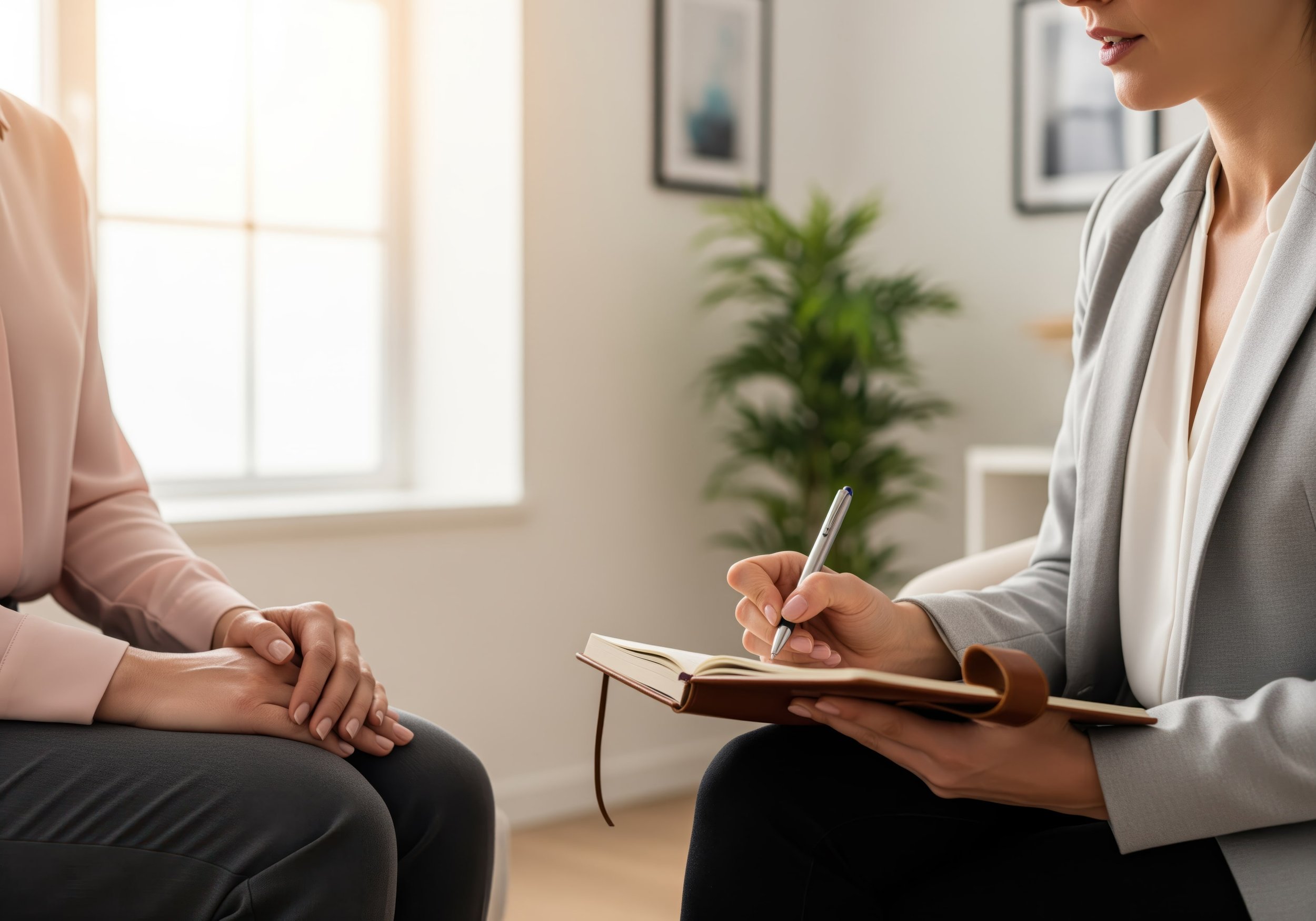 A woman sitting with her hands folded on her lap during a therapy session, with a therapist taking notes on a notepad in a well-lit room with a window and a potted plant.