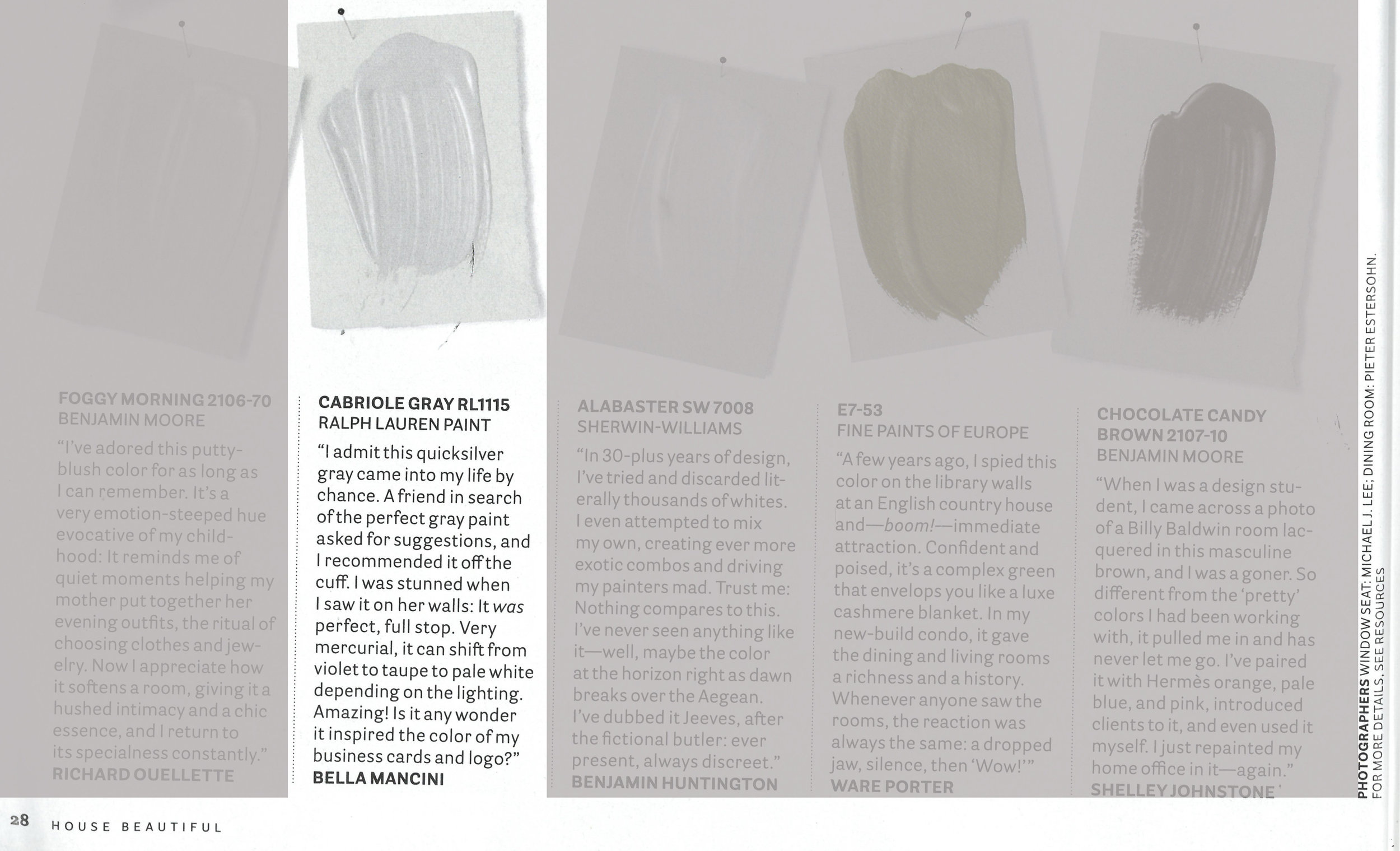 Page from a magazine featuring paint color samples and reviews with text descriptions and quotes.