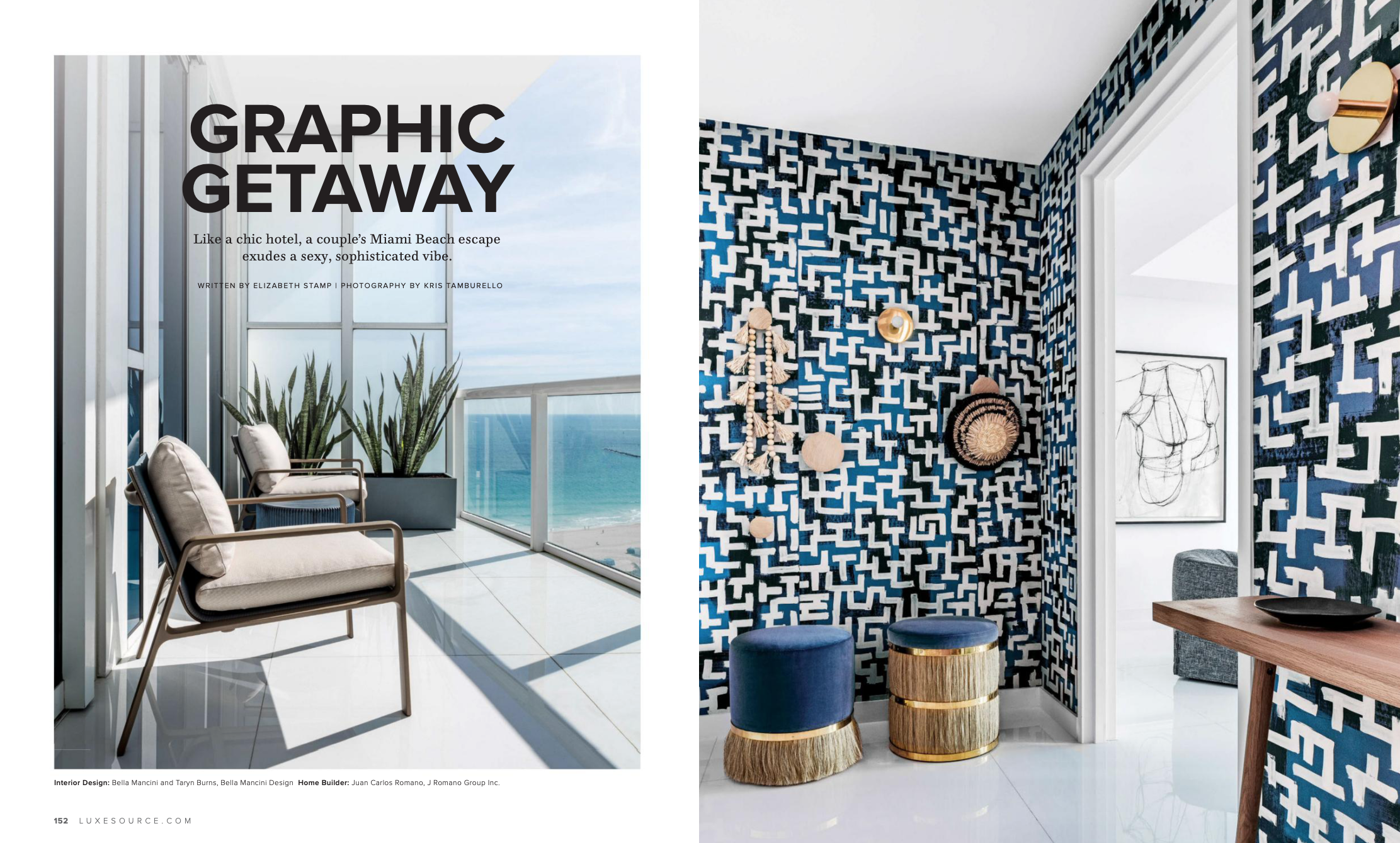 A magazine spread featuring interior design with an outdoor balcony area on the left with white chairs, potted plants, and ocean view; and a colorful patterned wallpapered hallway with hanging decor, small stools, and a glimpse into another room with