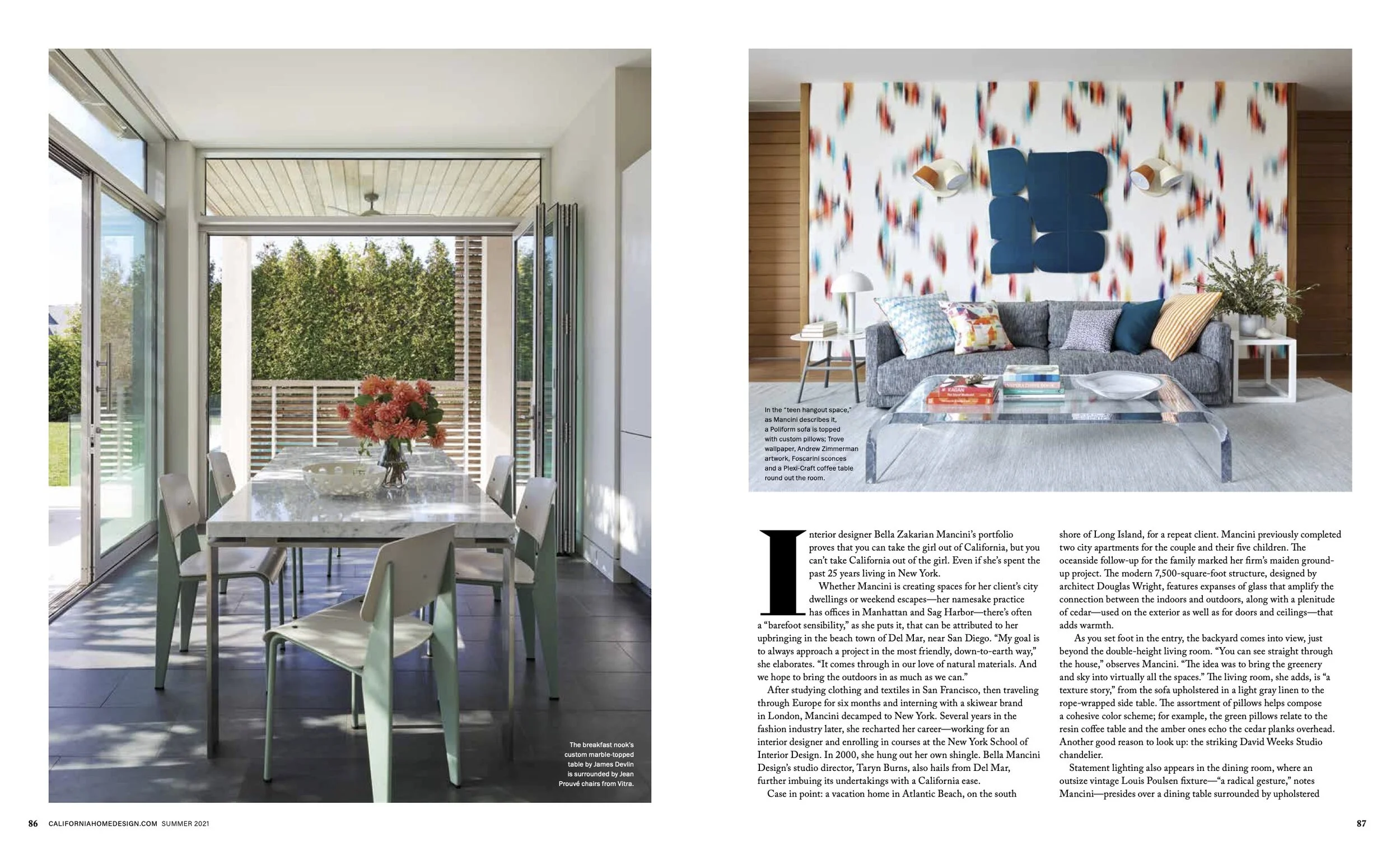 Left: A bright dining area with glass sliding doors opening to an outdoor space, a marble dining table with a flower arrangement, surrounded by white chairs. Right: A modern living room with a colorful abstract wall art, a gray sofa adorned with patt