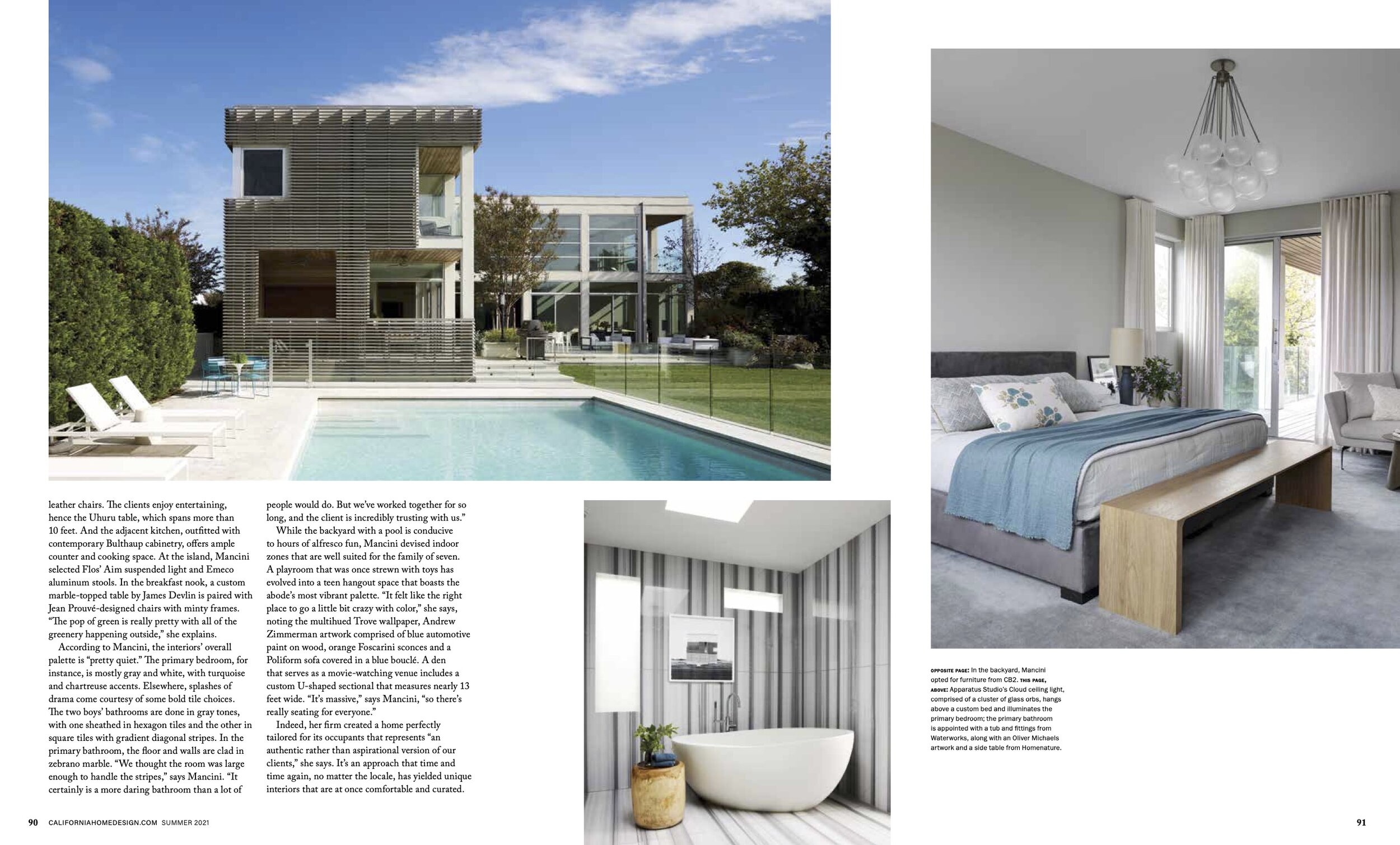 Split image of a modern house with a swimming pool on the left, and two interior rooms on the right. The house has contemporary architecture with glass walls and a landscaped yard. The interior rooms include a bedroom with a large bed and sliding gla