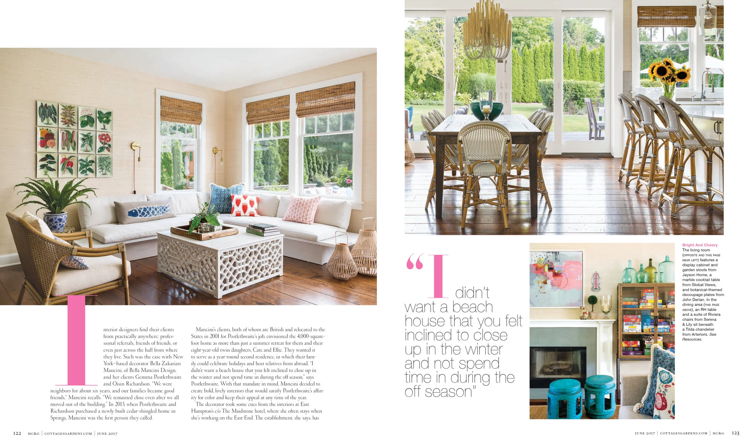 Living room with white sofa, decorative pillows, wooden floor, and large windows with bamboo blinds; dining area with wooden table, wicker chairs, and glass doors leading outside; colorful artwork, plants, and decor on shelves and walls.