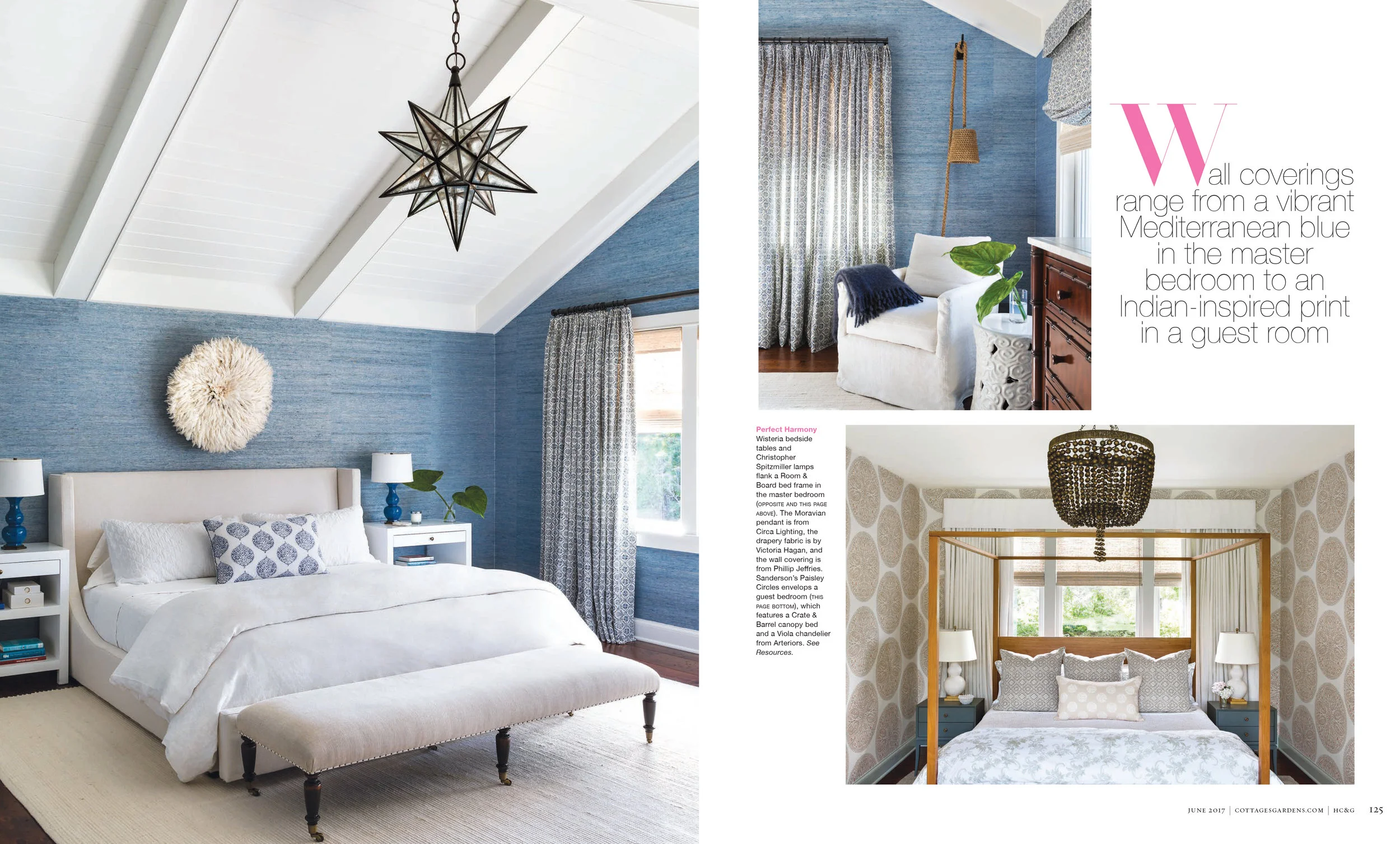 Interior of a guest bedroom with a white bed, navy blue lamps, and blue textured walls; a small bench at the foot of the bed, and decorative wall art above. Additional images show a master bedroom with a white armchair, greenery, and textured curtain