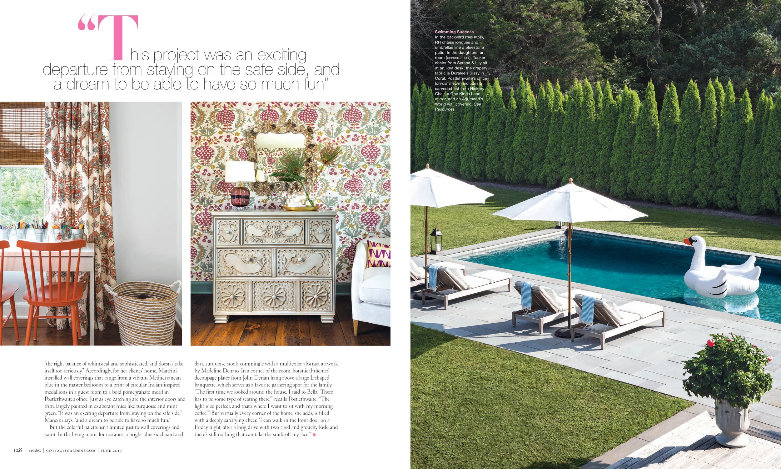 Two-page magazine spread featuring interior and exterior decor photos. The left page shows a cozy dining area with orange chairs and patterned curtains, and a bright bedroom with floral wallpaper and a white dresser. The right page displays a backyar
