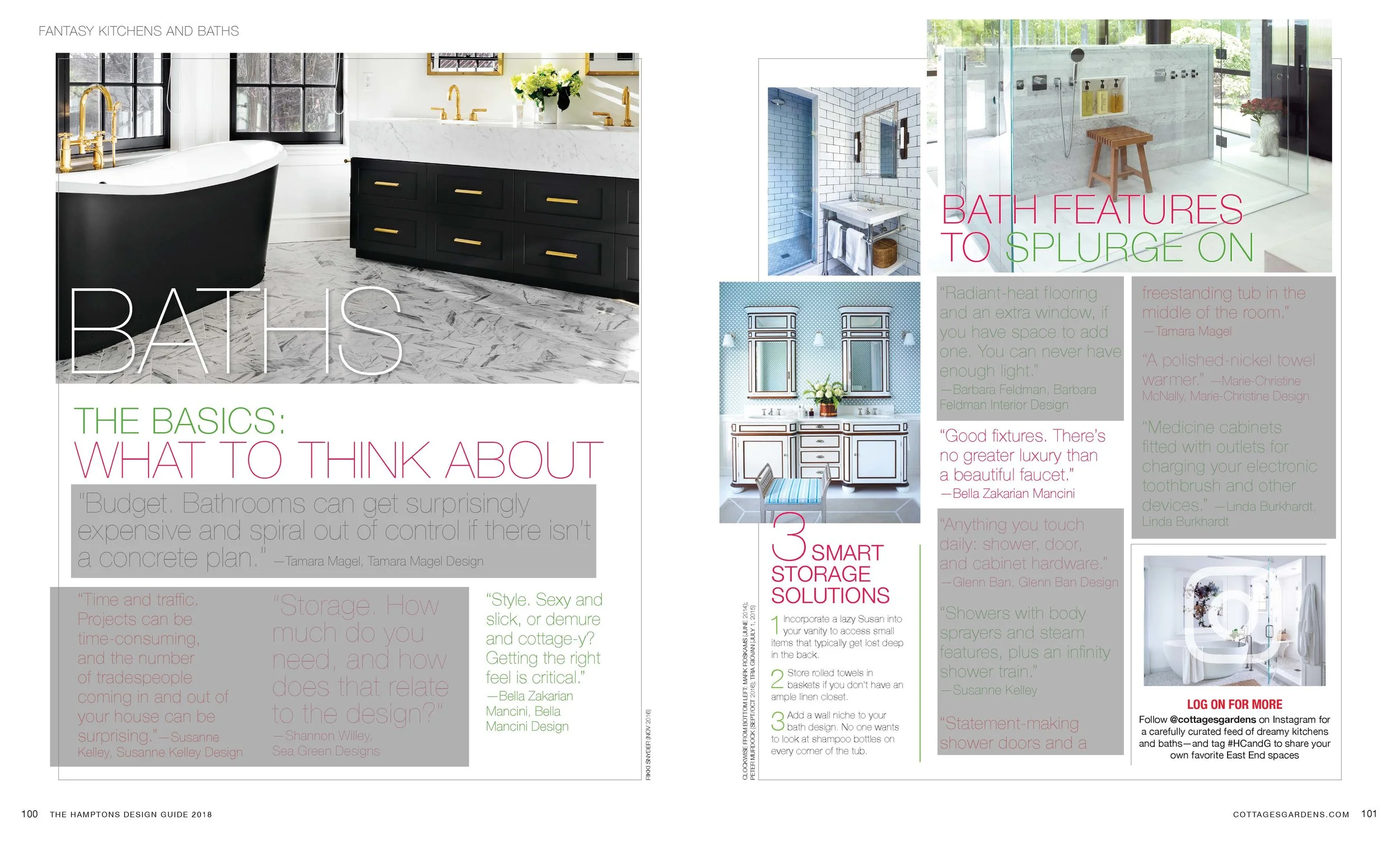 Two pages from a magazine featuring bathrooms and bath design ideas. The left page shows a modern bathroom with a black bathtub, white countertops, and gold fixtures. The right page has various images and quotes about bathroom features, storage solut