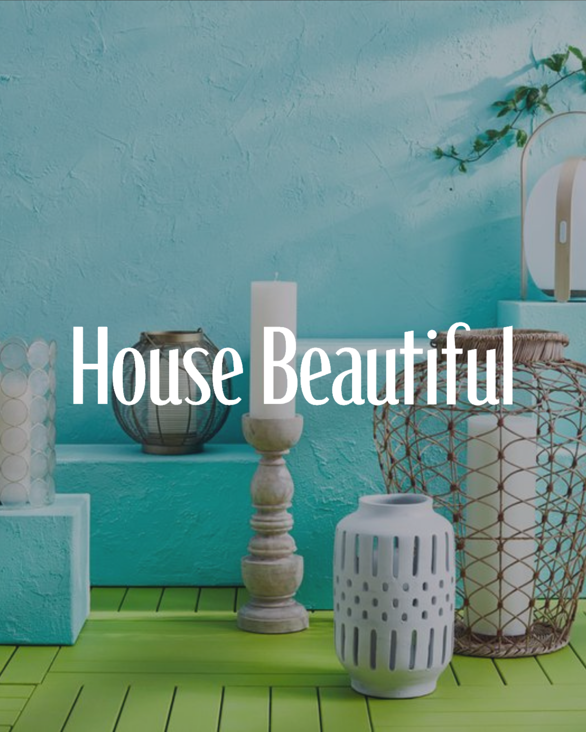 Decorative vases, candle, and houseplant on a turquoise ledge against a textured turquoise wall, with a green wooden floor in the foreground.