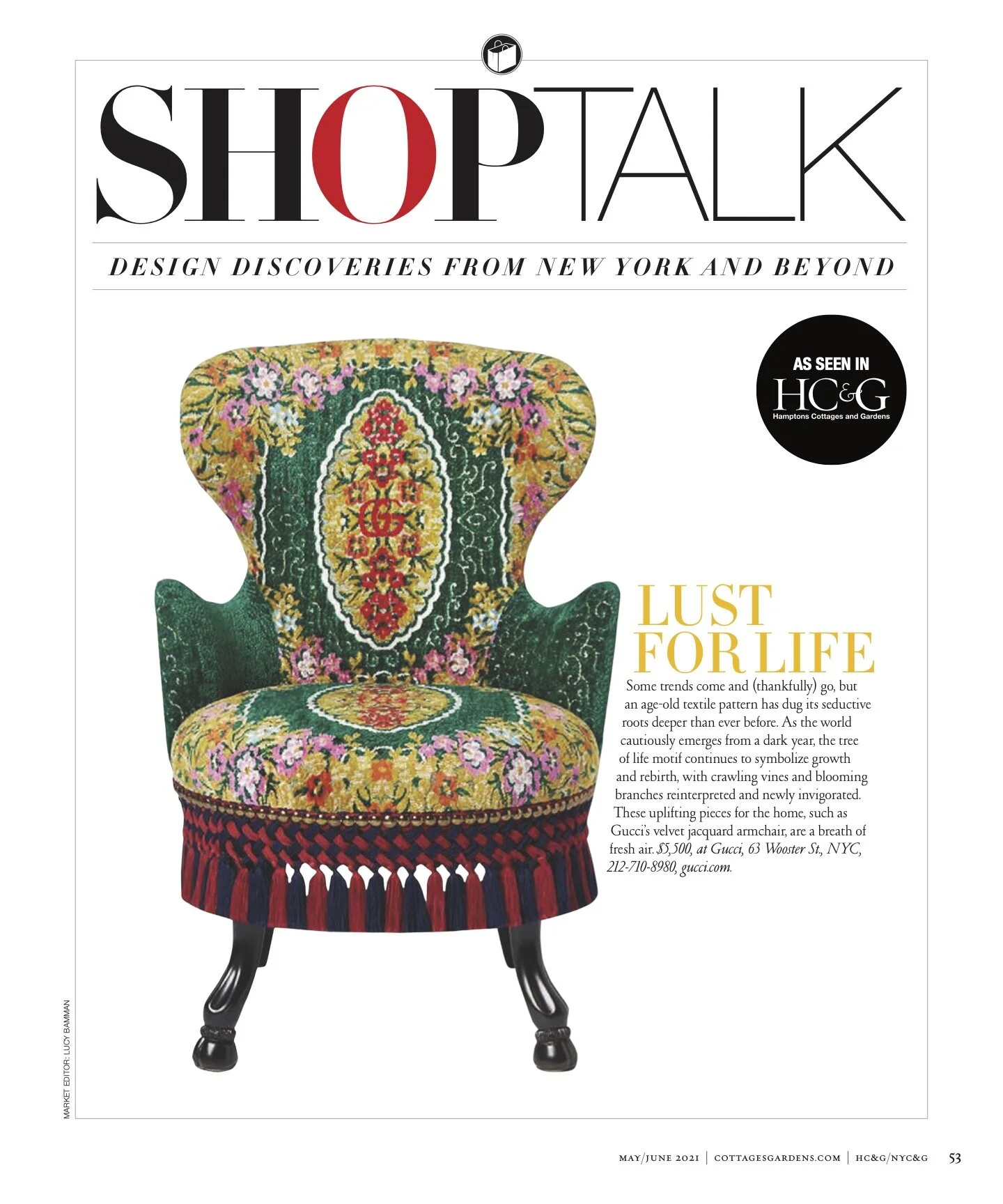 Magazine cover titled 'SHOP TALK' featuring a vintage upholstered chair with intricate floral and tapestry patterns, and the headline 'LUST FOR LIFE'.
