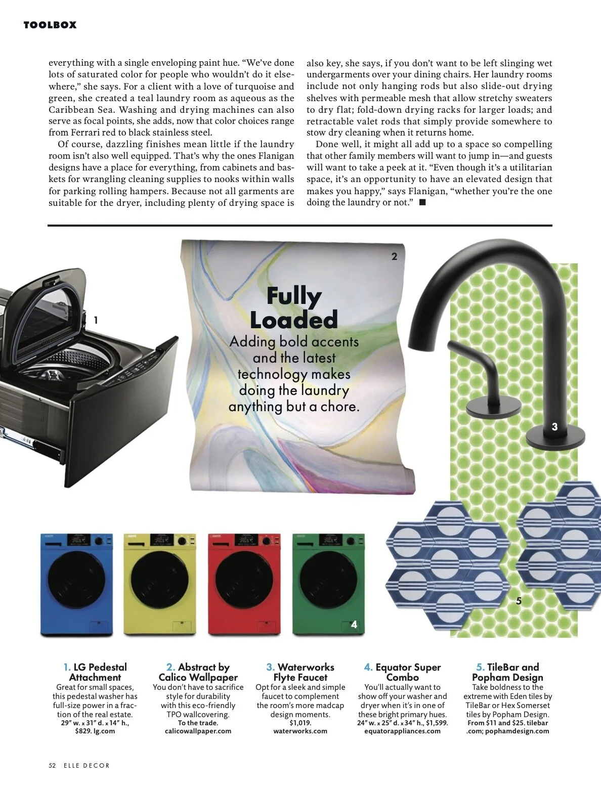 Catalog page displaying laundry room appliances and accessories, including a washing machine, detergent bottles, a sink, and decorative tiles.