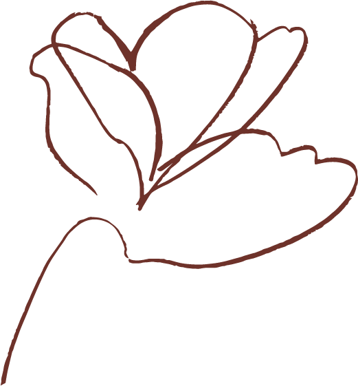 Line drawing of a hand holding a flower with petals.