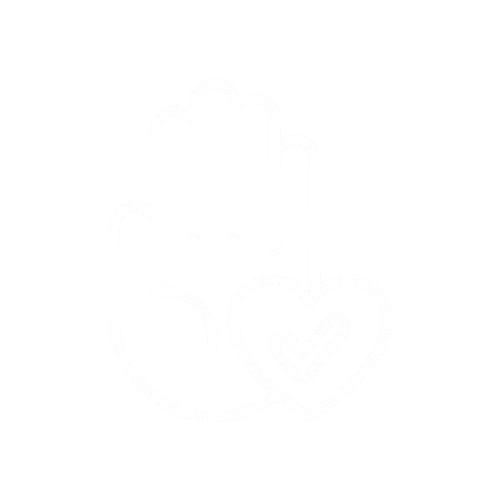 Outline of a hand with a heart and check mark inside it, representing help or support.