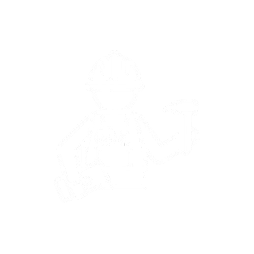 Line drawing of a construction worker wearing a helmet, holding a wrench in one hand and a power drill in the other.