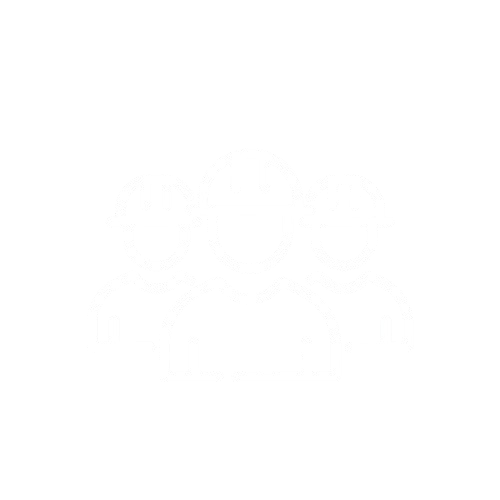 Icon of three workers wearing safety helmets, with one leader in front.