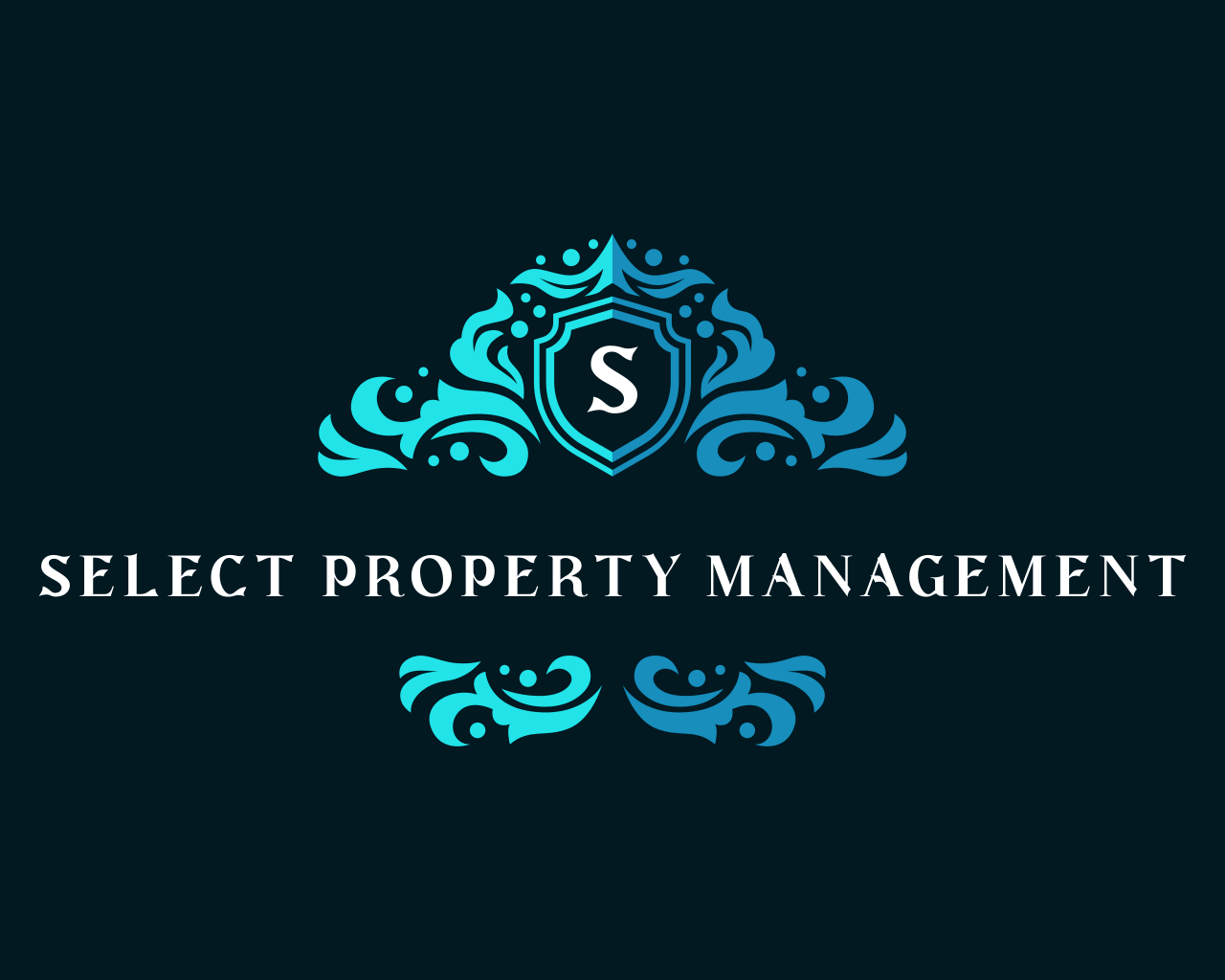 Logo for Select Property Management featuring a stylized crest with a shield and the letter S, surrounded by ornate blue swirling designs on a dark background.