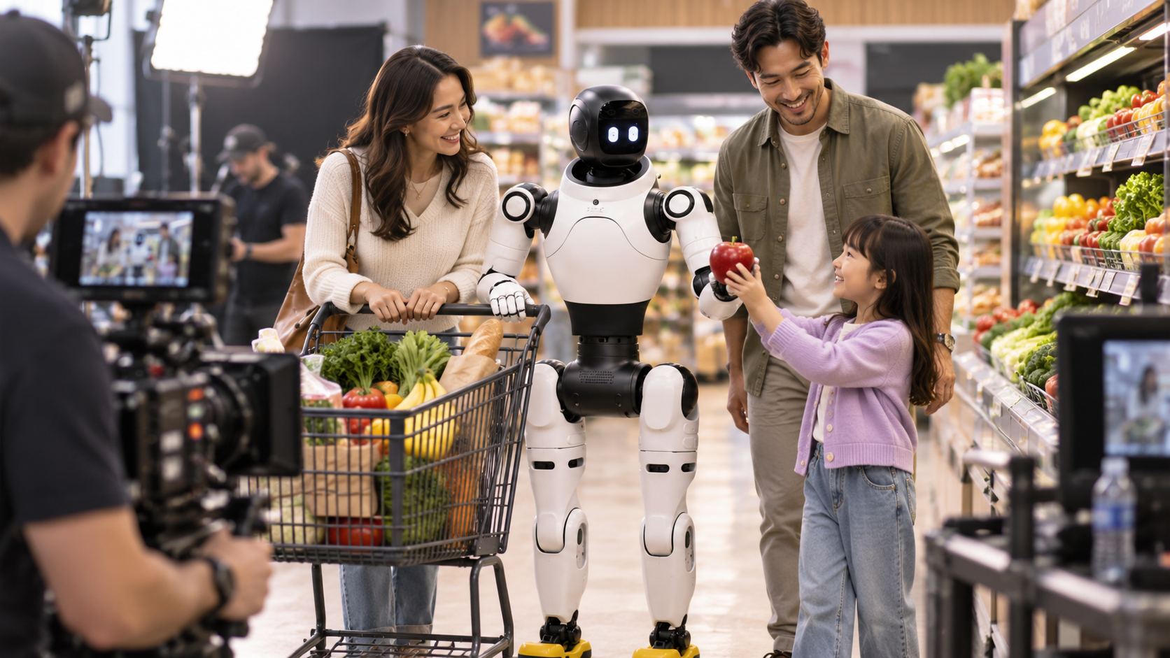 A family at a grocery store interacts with a humanoid robot while filming a scene. The scene is being filmed with cameras and lighting equipment.