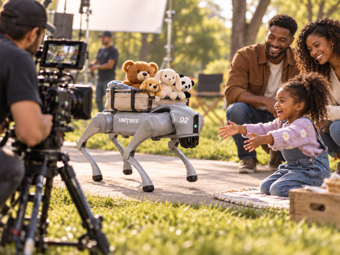 A young girl with her family reaches out to a robotic dog carrying a basket on his back with many plush toys, during a photoshoot in a park.