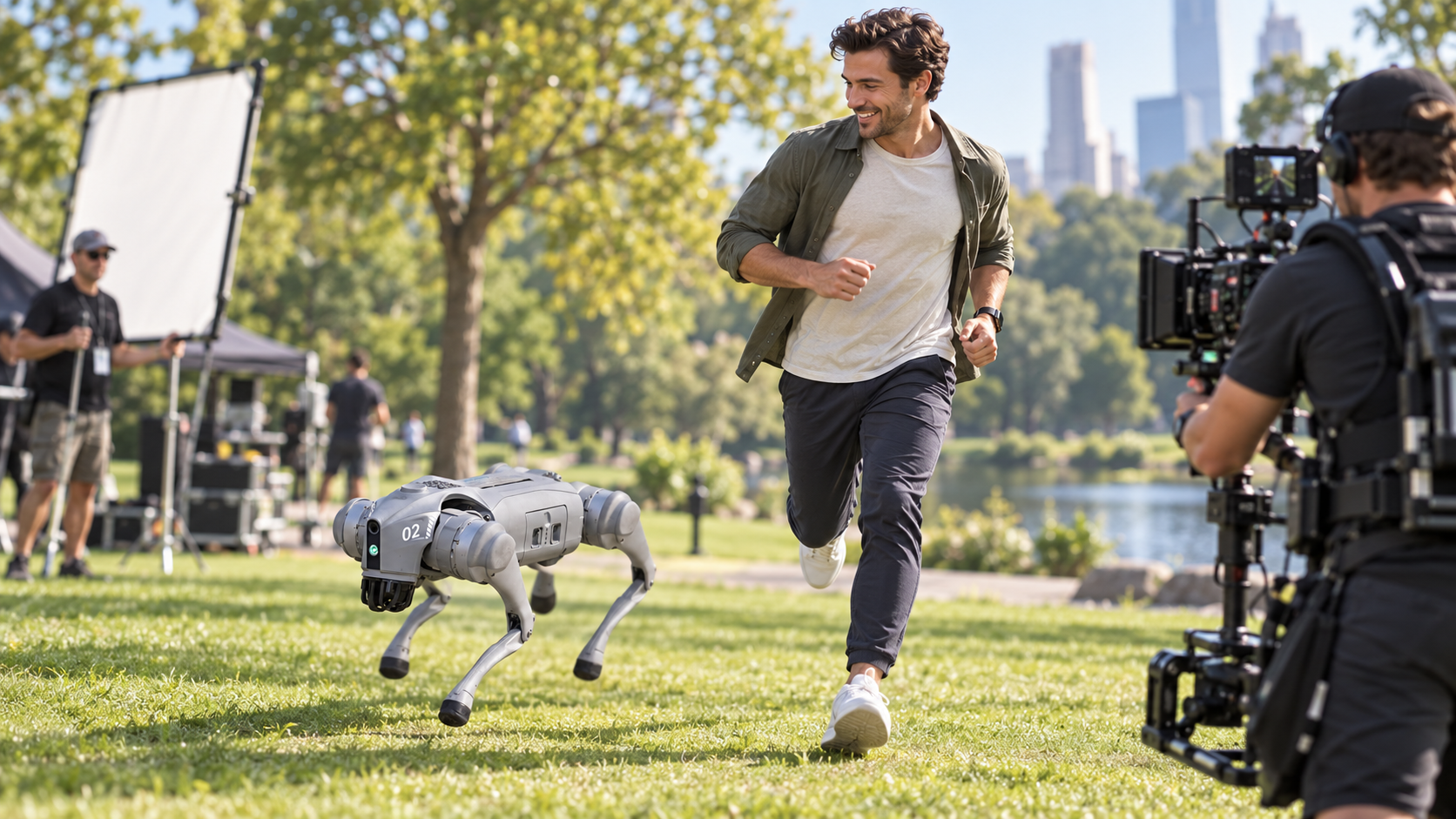 A man running outdoors with a robotic dog by his side. A film crew is recording the scene.
