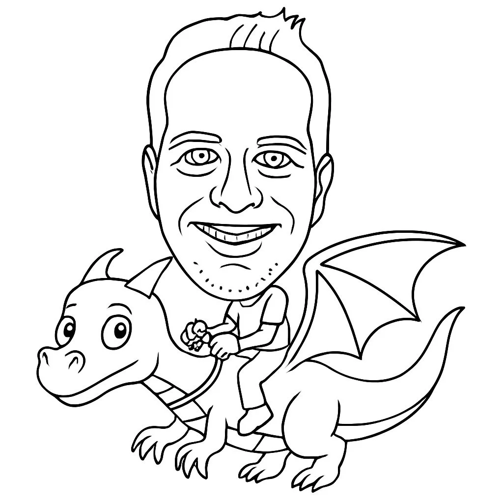 A line drawing of a person with a large smiling face riding a cartoon dragon with wings and antennae.