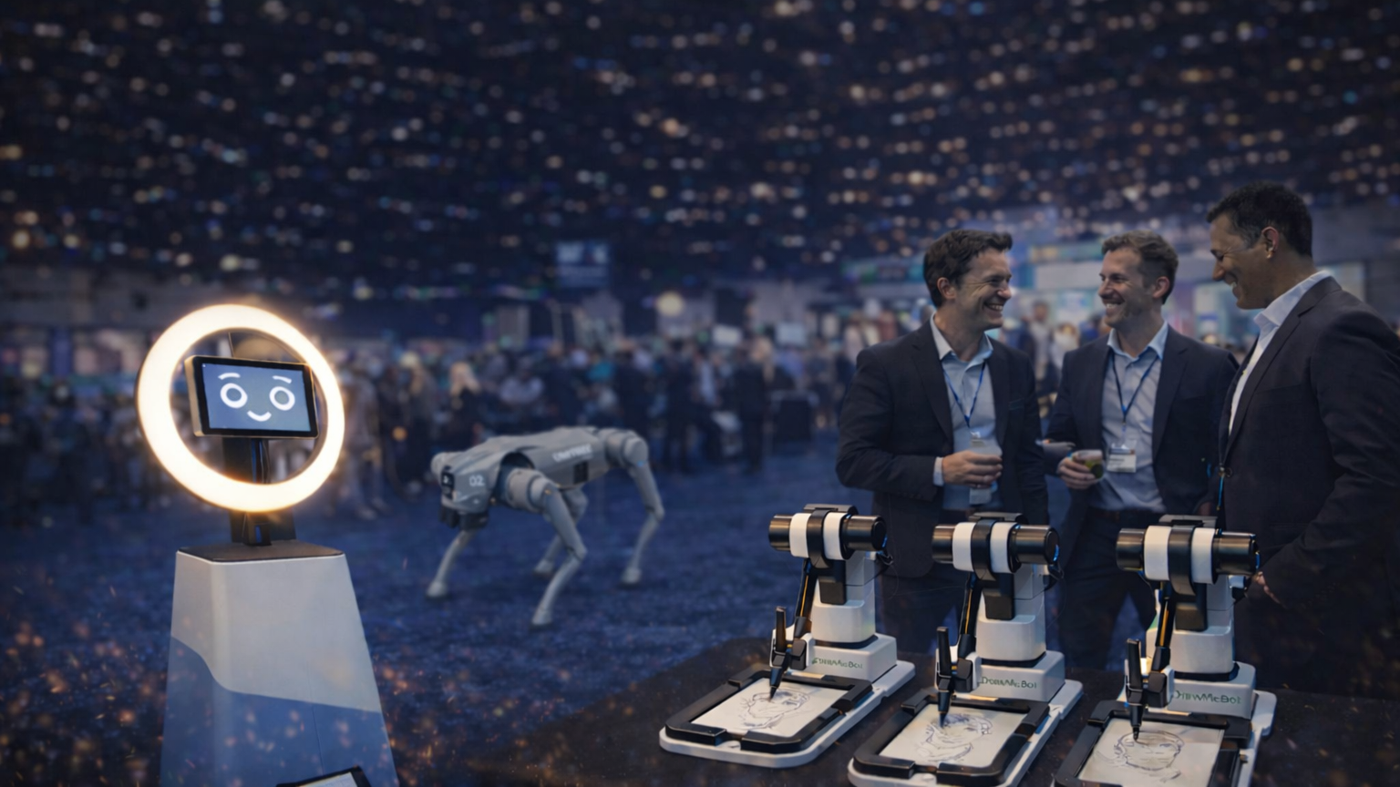 SelfieBot, Robo Dog, and DrawMeBot working together entertaining attendees at a trade show