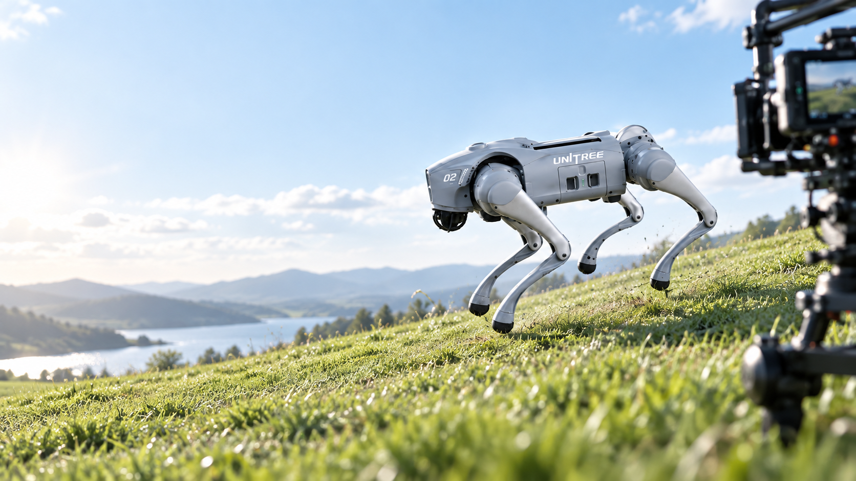 A quadruped robot dog, walking on a grassy hillside with mountains and a river in the background, for a commercial.