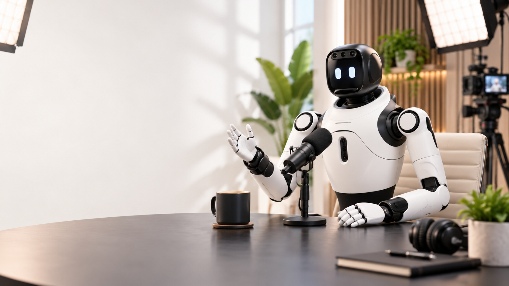 A humanoid robot sits at a desk ready to do a podcast.