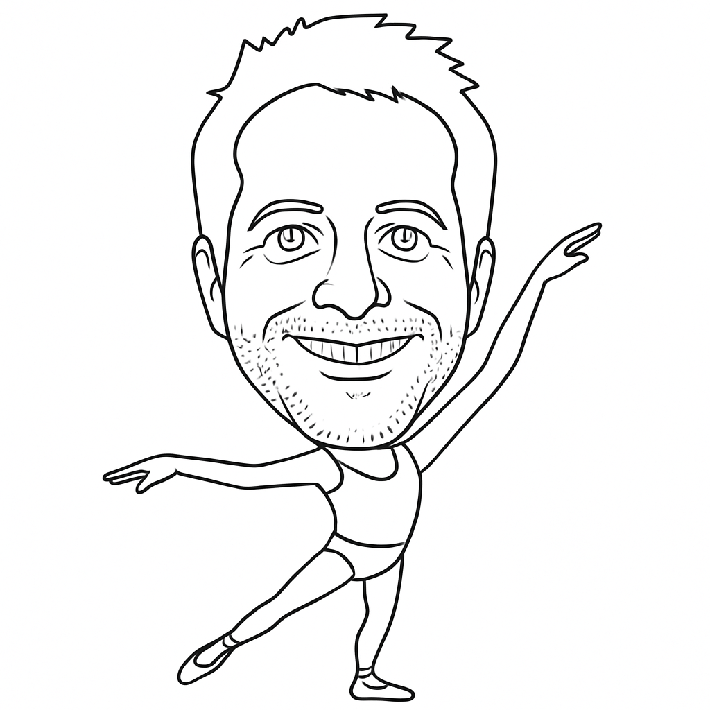 Line drawing of a man with a big smile, short hair, and facial hair, depicted as an ice skater doing a pose with one arm raised and one leg extended behind