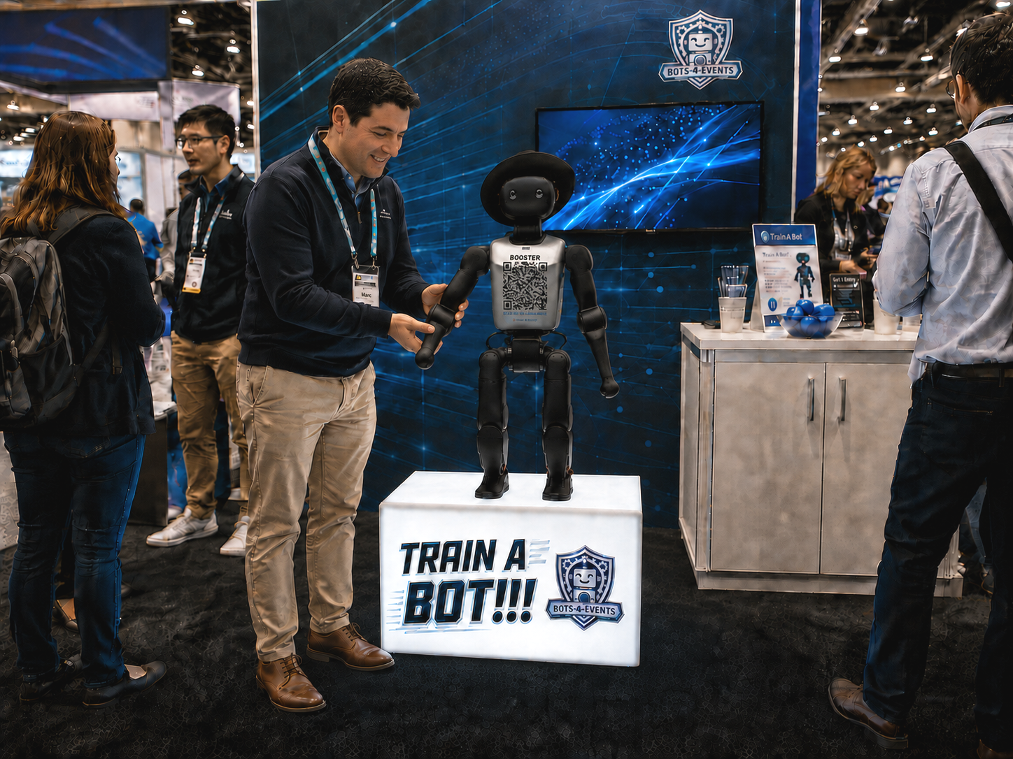 A man interacting with Kai, a humanoid robot at a trade show with Train-a-bot interaction.