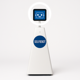 A white robot with a screen displaying a smiling face and the label 'SELFIEBOT' on its body.