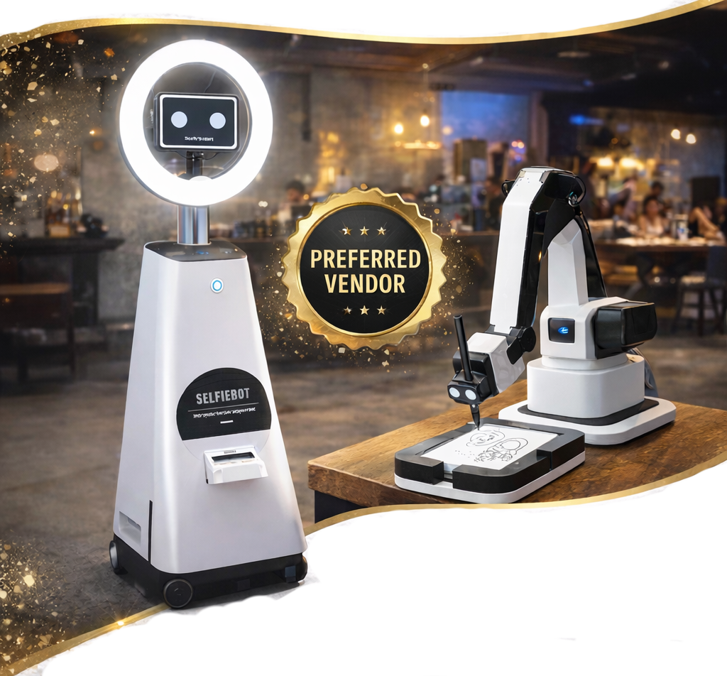 Selfie Bot and Draw Me Bot robots working together as a dynamic duo to entertain attendees at conferences, tradeshows and private parties, Brand activations, booth engagement, photobooth fun for event planners to share with their customers