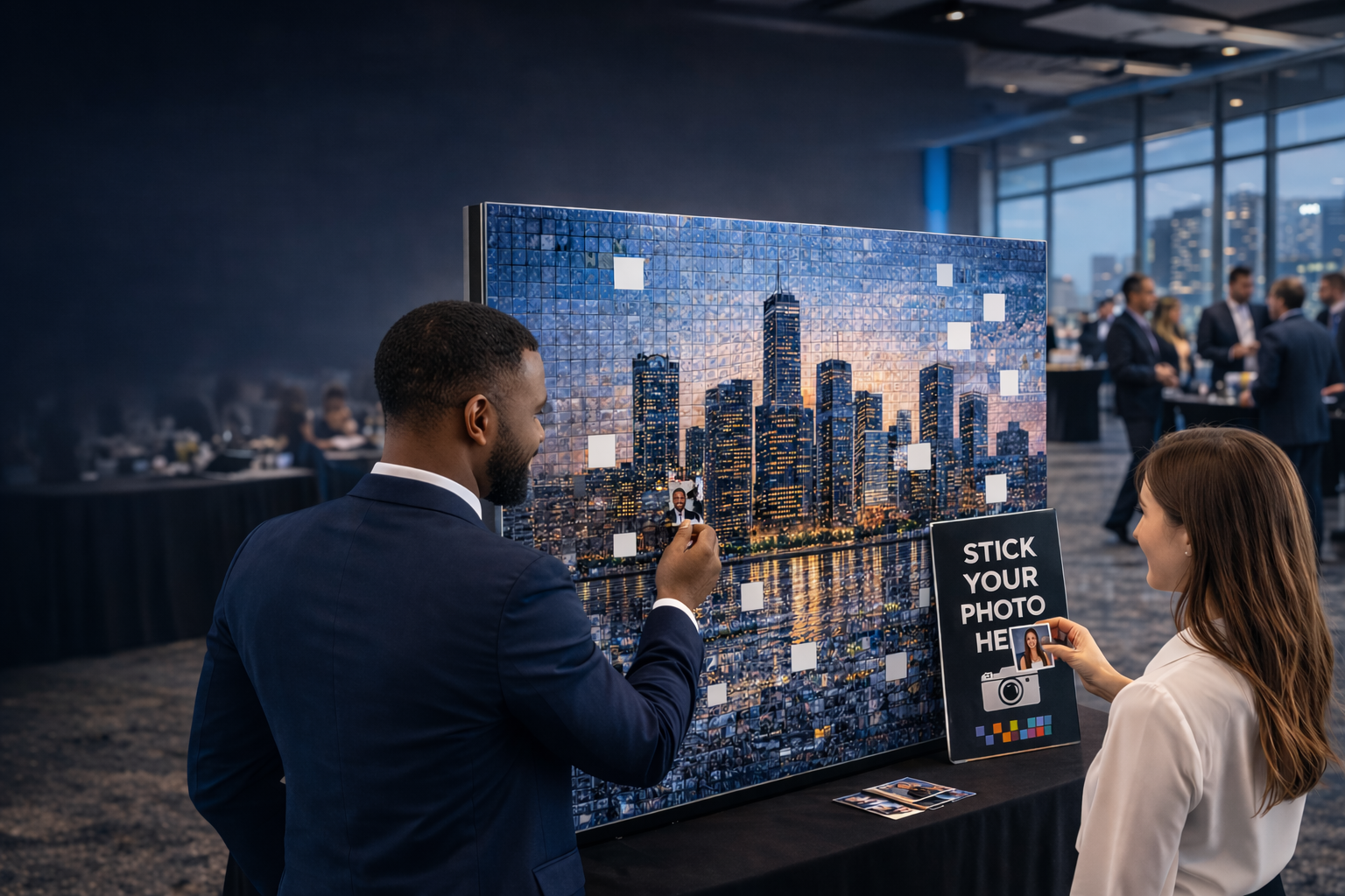 Corporate event guests contributing photos to a branded mosaic wall display