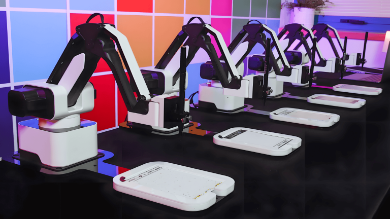 Row of robotic massage chairs with white foot modules in a modern, colorful room.