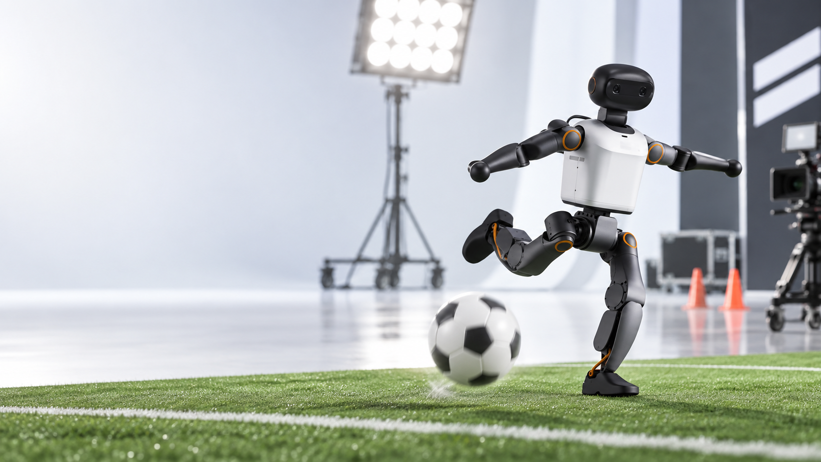 A small humanoid robot playing soccer on a green field with professional studio lighting and camera equipment in the background.
