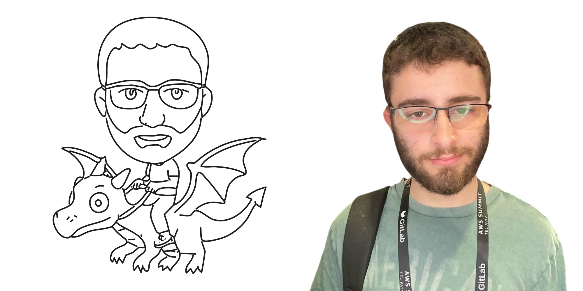 A man with glasses, a beard, and a lanyard around his neck, standing against a white background. To the left, a black and white cartoon drawing of a man with glasses, a beard, and a mustache, riding a dragon with wings and a horn.
