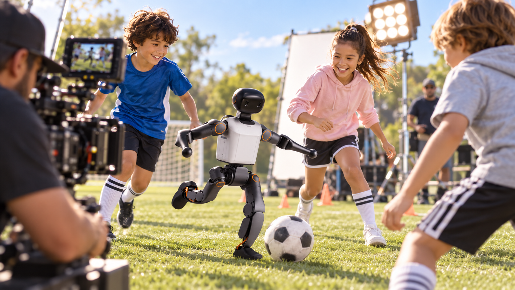 Children playing soccer with a humanoid robot on a sunny outdoor field, being filmed by a camera operator.