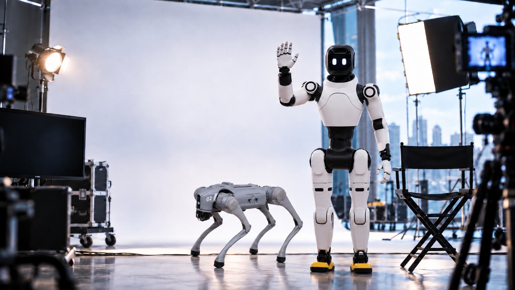 A humanoid robot waving on set for a commercial with a robotic dog next to him, surrounded by studio lighting and equipment