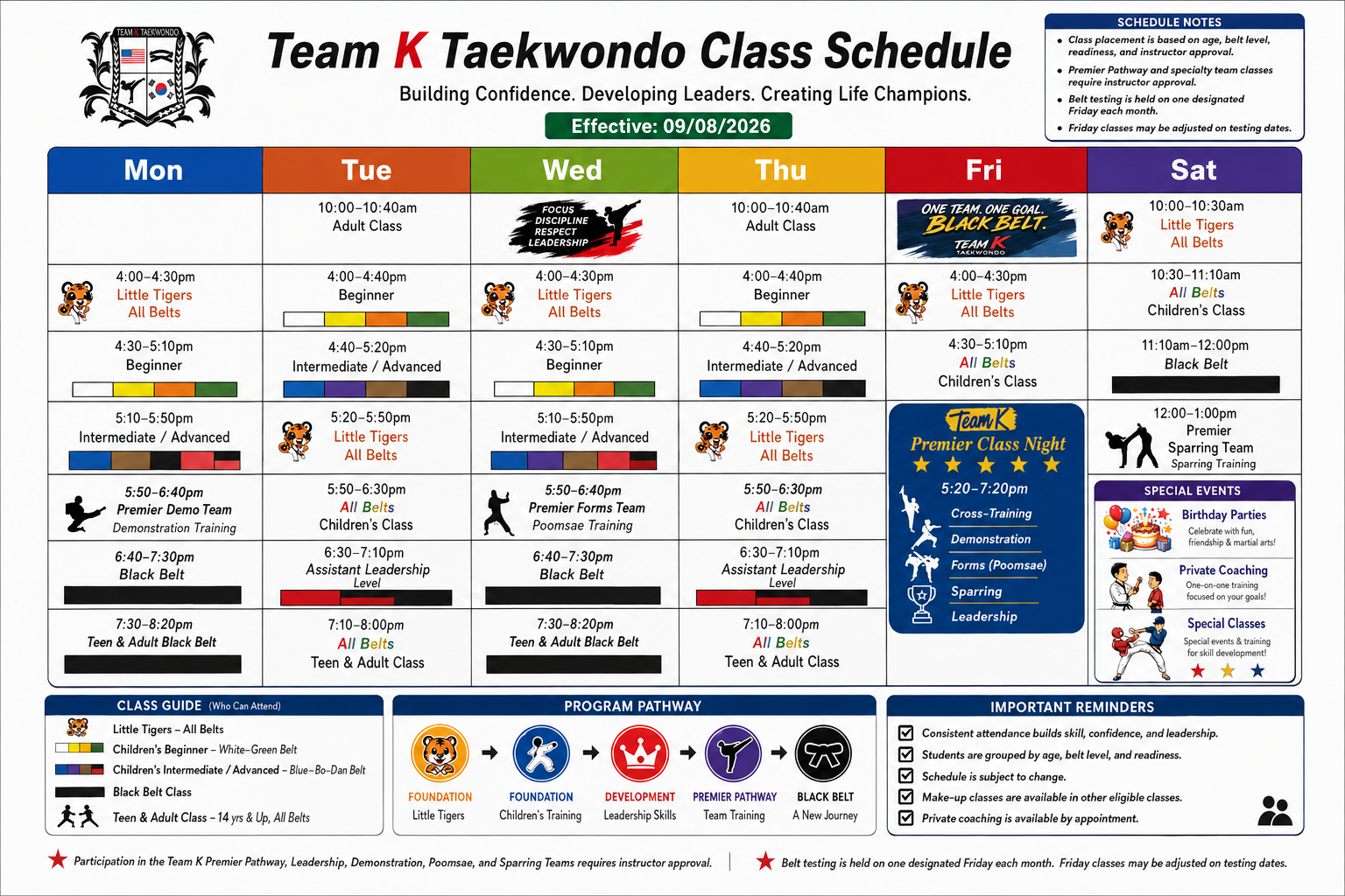 Team K Taekwondo class schedule for an week starting Monday and ending Saturday, listing classes, times, and levels including Little Tigers, children's beginner, intermediate, advanced, black belt, and teen & adult classes, with special events and reminders at the bottom.