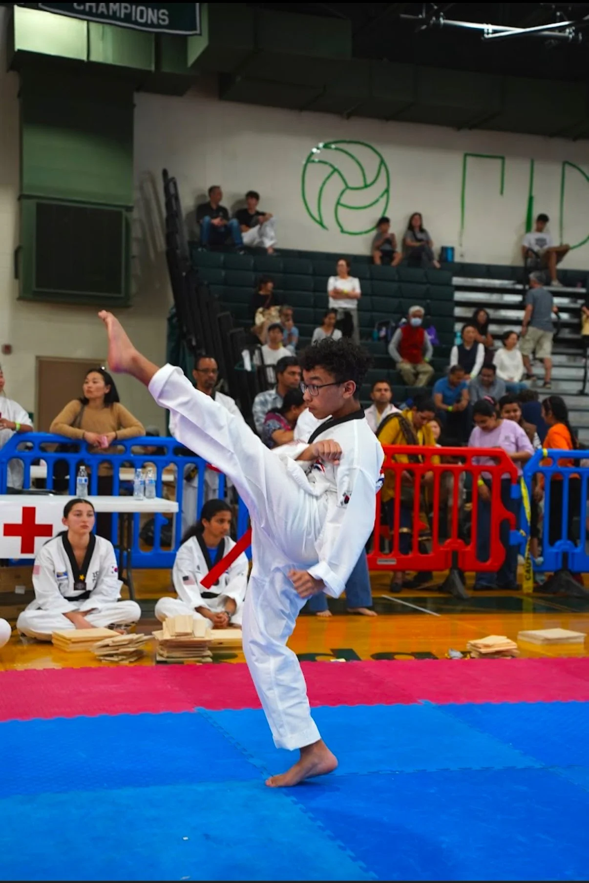 A martial artist in a white gi demonstrates a move during a taekwondo tournament inside a gymnasium, with an audience seated behind safety barriers and some spectators watching from the bleachers.